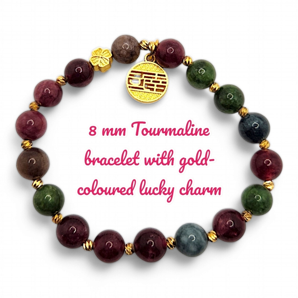 8 mm Tourmaline bracelet with gold colour plated lucky charm